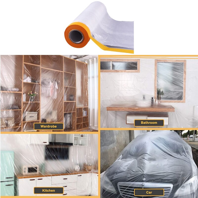 Masking Film Roll Pre-Taped Adhesive Painting Film Multipurpose Paper for Automotive Wall Furniture Protection Covering