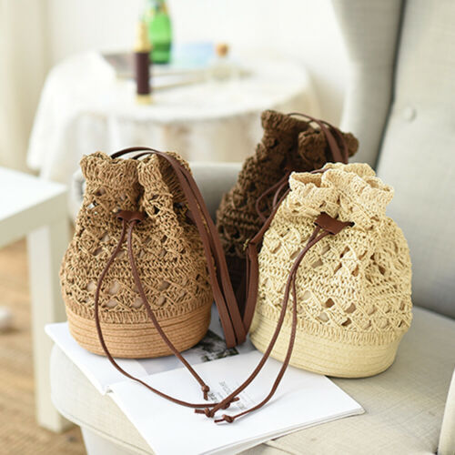 Femmes Vintage décontracté tissé à la main ronde rotin osier paille tissé fourre-tout Papyrus sac à main tricoté seau sac à bandoulière
