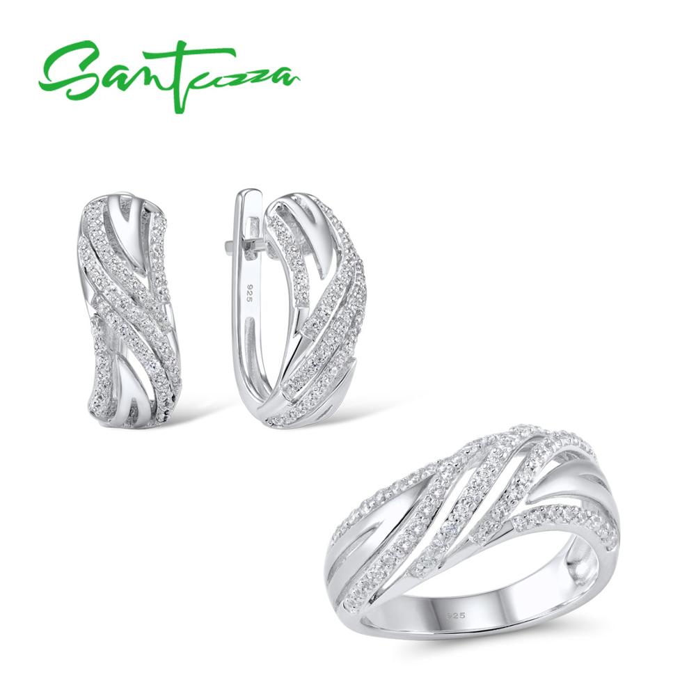 SANTUZZA Schmuck einstellen Für Frauen Reine 925 Sterling Silber Funkelnden Weiß Zirkonia Ring Ohrringe einstellen Einfache Schmuck