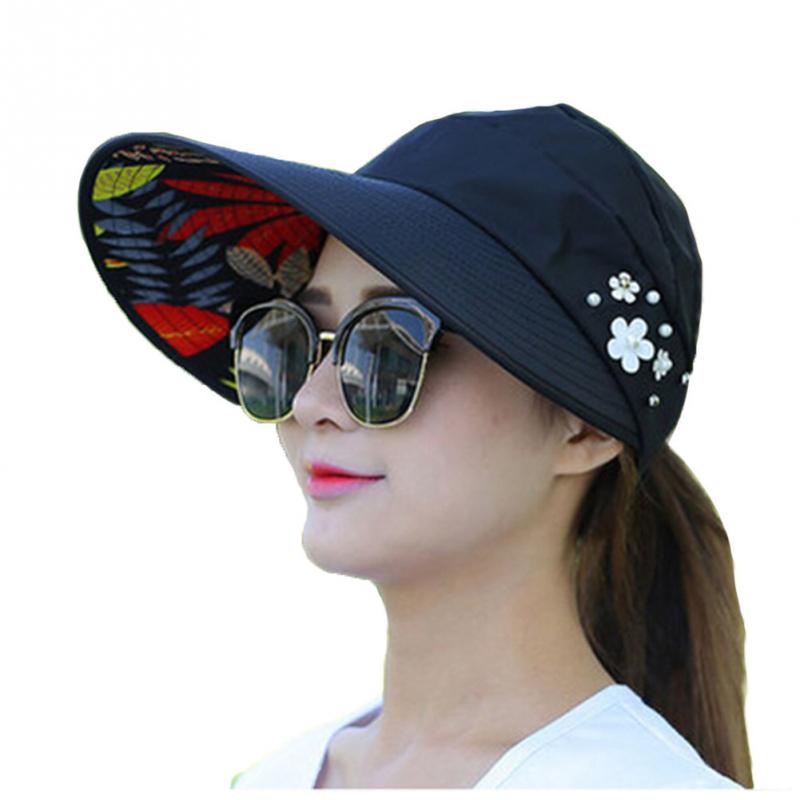 Kvinder foldbar solhat strand uv-bevis hat sommer bred skyggehætte med 7 farver til valg anti-uv hat  #137: Sort