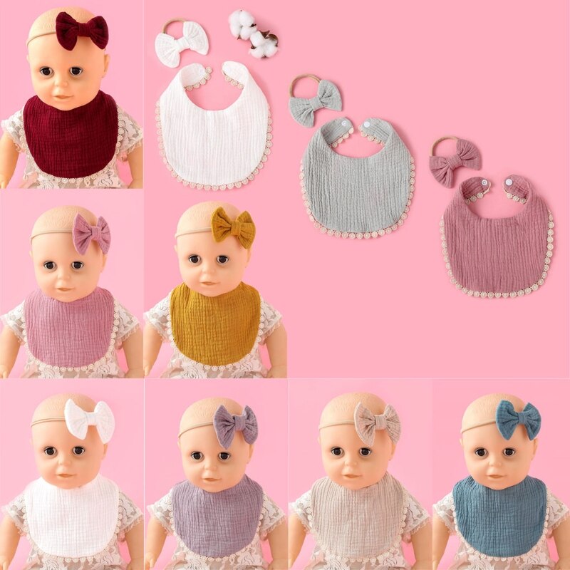 2 Stks/set Baby Meisjes Elastic Bow Hoofdband Speeksel Handdoek Set Prinses Strik Haarband Bib Kit Burp Doek Hoofddeksels Douche