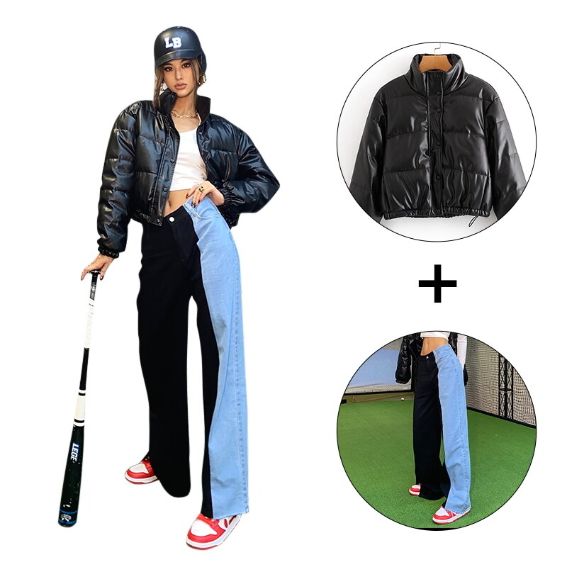 Noir vestes femmes hiver Parka manteau femme épais PU cuir veste manteaux fermeture éclair bouffante veste d'extérieur avec un pantalon
