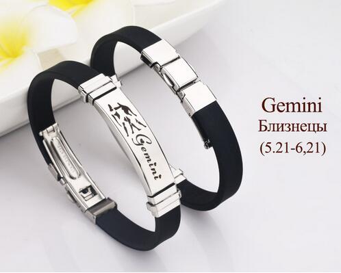 LOULEUR Silicone Zodiac Sign Bracelet for Men Women Stainless Steel Clasps Gemini Scorpio Zodiac Virgo Bracelet Men Jewelry: GEMINI