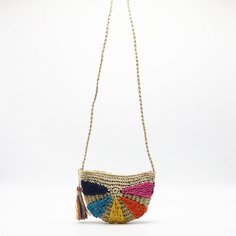Di modo Crochet di Estate Borse Da Spiaggia Borsa Di Paglia Variopinto Della Boemia Della Nappa del Messaggero Della Spalla del Sacchetto Del Rattan Borsa Maglia Borsa