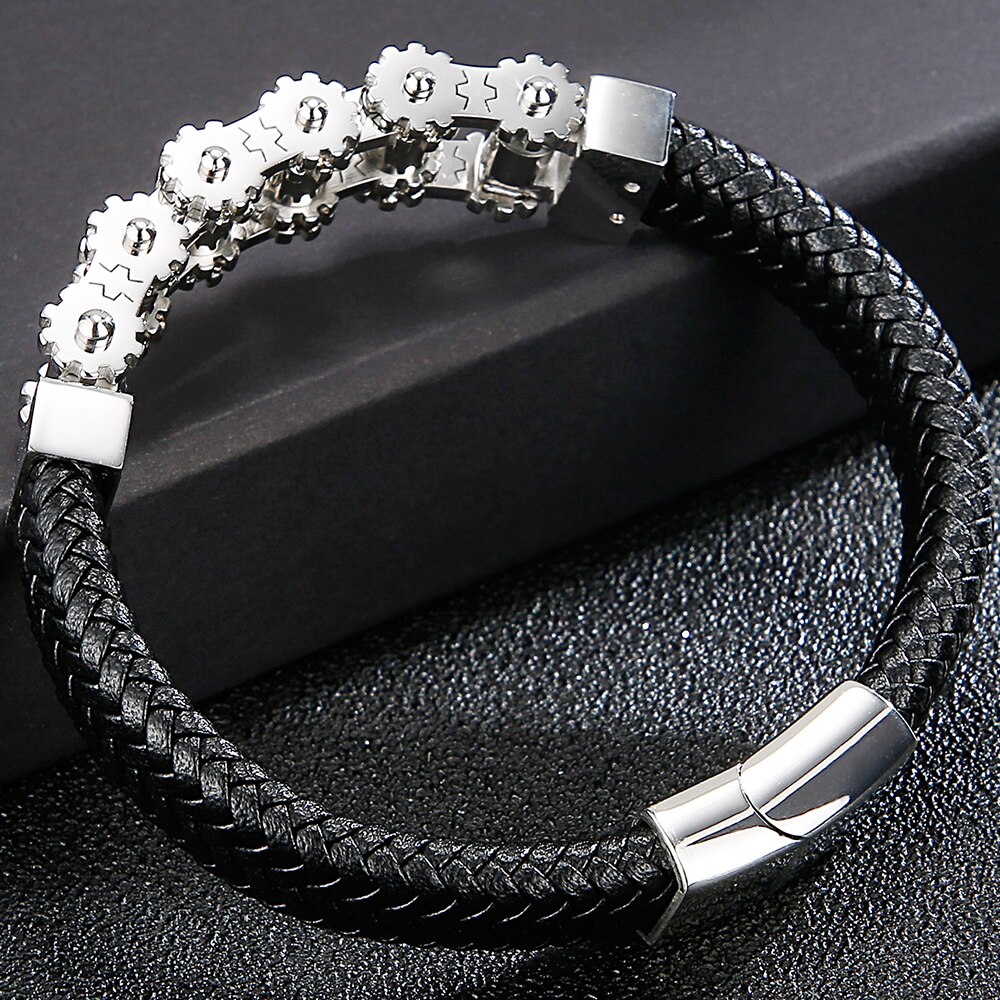 Cool Bike Chain Motorcycle Link Biker Armband Rvs & Lederen Drie Tone Manchet Bangle Armband Mannen