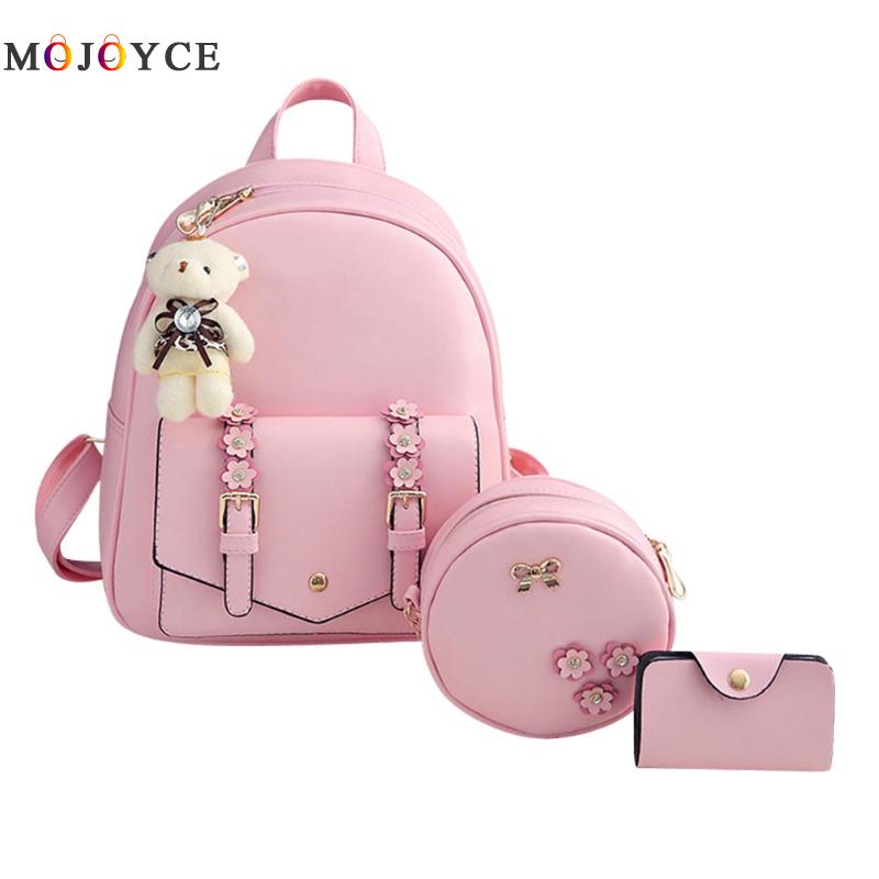 3 unids/set Mochila para mujeres adolescentes de cuero PU Mochila bolso bandolera Mochila femenina sac a dos: 2