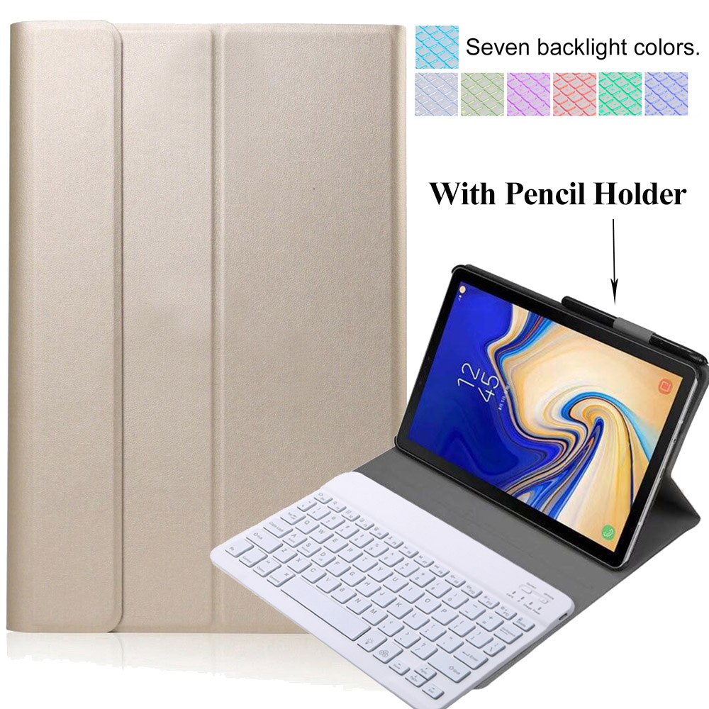 Voor Samsung Galaxy Tab Een 10.1 Toetsenbord Case SM-T510 SM-T515 Slanke Lederen Backlight Bluetooth Keybaord Cover Potlood Houder: Gold-Backlit