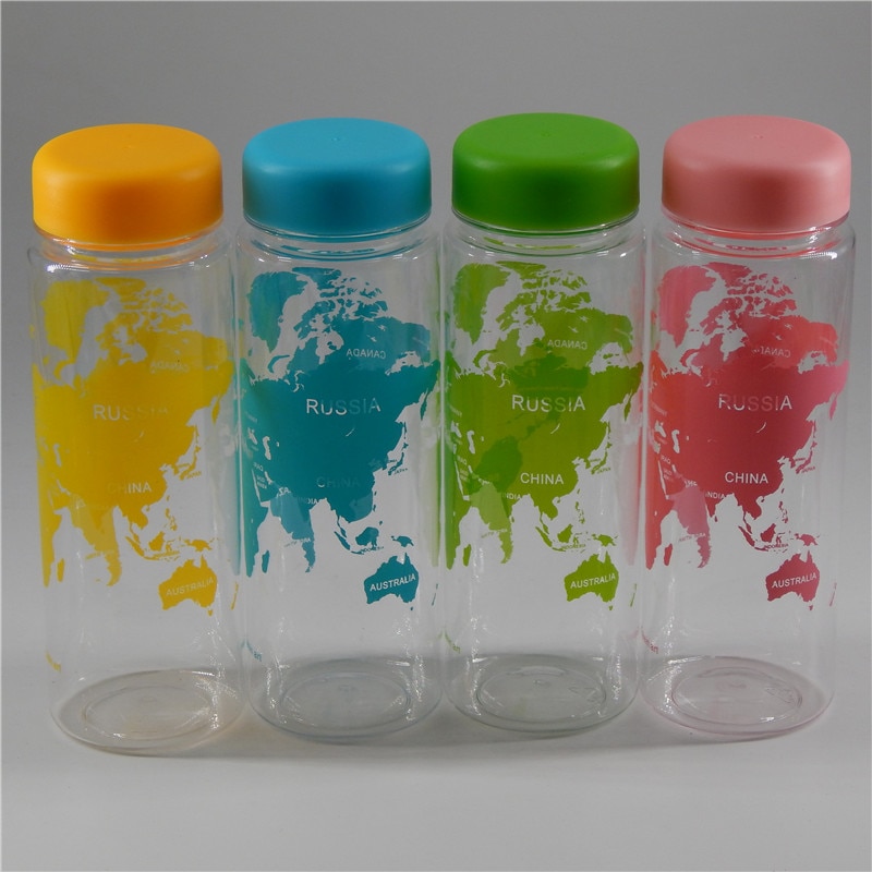 Draagbare Plastic Fles Water Fles Begeleidende Kaart Van De Wereld Serie Fles 500Ml Citroensap Sport Water Fles