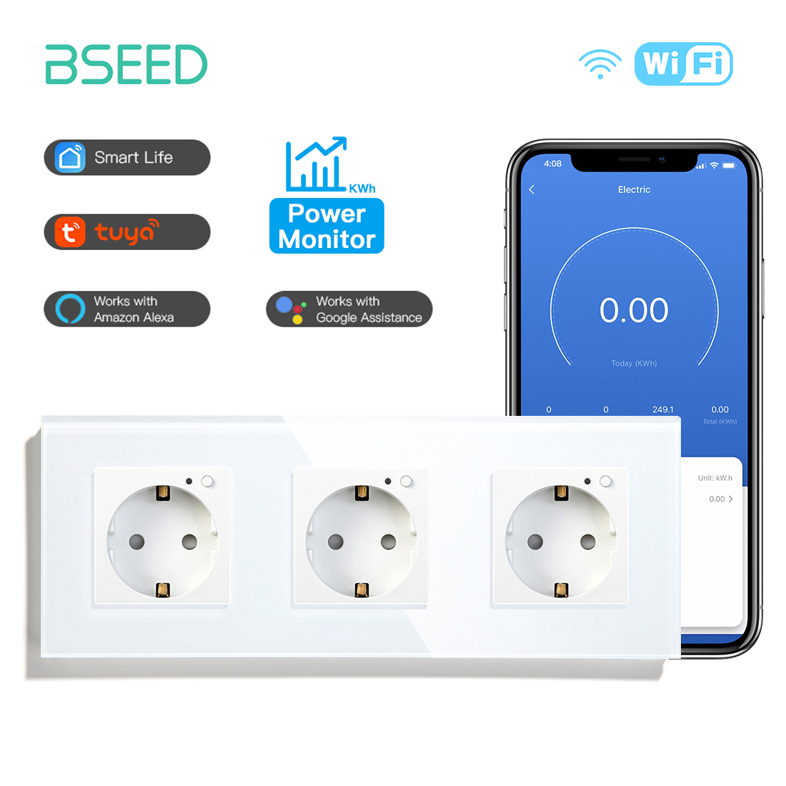 BSEED EU Wall Socket Tuya Smart Socket Wifi Electrical Outlets Power Monitor Google Smart Life Alexa Voice Control Glass Panel: Type 16