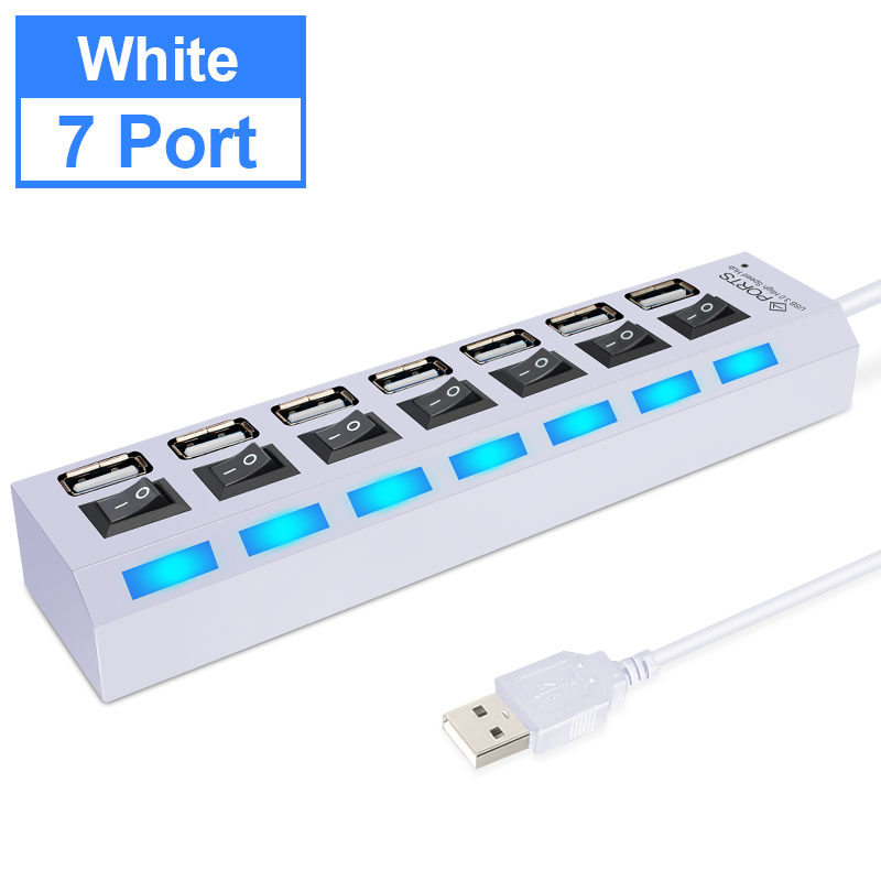 USB Hub USB 2.0 Hub Multi USB Splitter Expander 4/7 Port Extension With Switch Mini Multiple Hab USB-Hub Adapter For PC Home: 7 port white