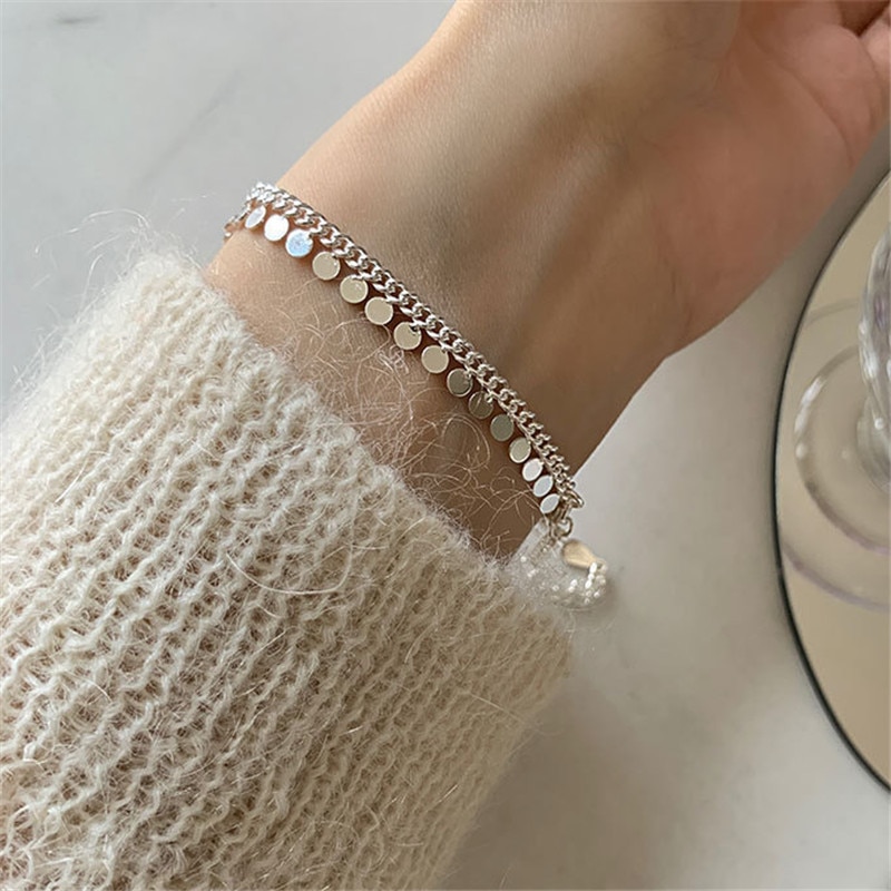 925 szterling srebro połączyć łańcuch kutas okrągły koralik czar bransoletka bransoletka dla kobiety dziewczyny impreza koreański biżuteria Akcesoria sl511