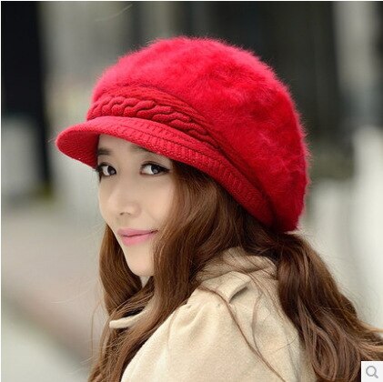 Stijl Vrouwen Baret Hoeden Konijn Haar Gebreide Vrouwelijke Baretten Winter Warm Cap Boina Feminina Laagste Prijs: Rood