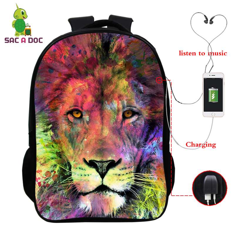 Usb-lade-rucksack, laptop-rucksack für damen und herren, schulrucksack, #39 3d zoll-rucksack mit löwenmuster, 16- zoll-reiserucksack, freizeitrucksack: Himmelblau