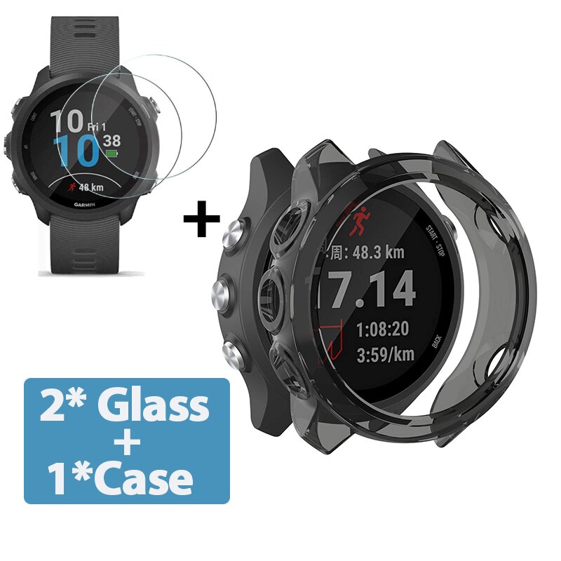 2-In-1 Protector Case + Screen Protector Voor Garmin Forerunner 245 245 Muziek Zacht Tpu Beschermhoes shell Gehard Glas Film: Black