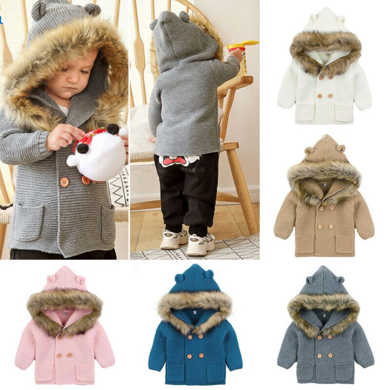 Mode Baby Trui Jas Leuke Bontkraag Dier Hooded Breien Baby Jas Herfst Winter Warm Kleding Voor Baby meisje Jongen