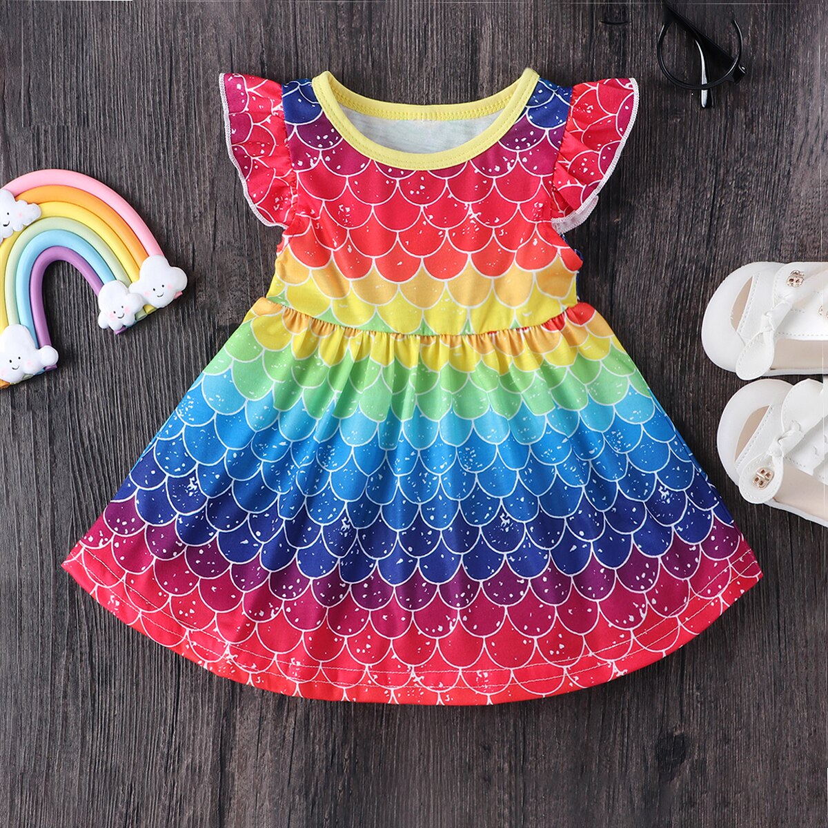 Pudcoco Baby Girls Rainbow Color Dress Summer Scales Pattern Round Neck Flying Sleeve Korean Princess Dress