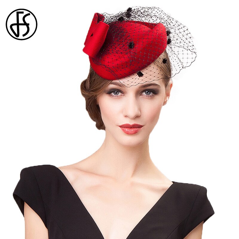 Fs sort hat til kvinder slør vintage uldfilt pilleæske hatte fascinator dame rød bryllup cocktail hatte sløjfe derby fedora
