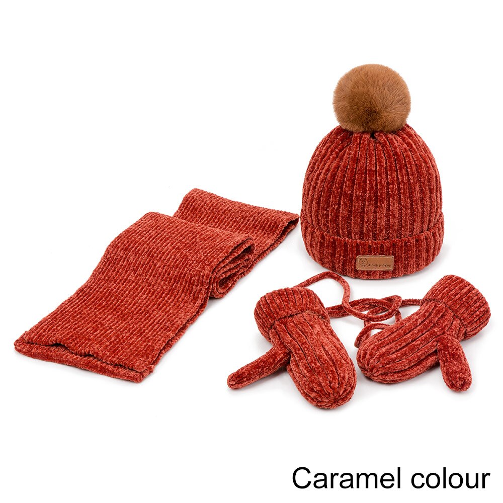 Reakids baby meisjes muts sjaal handschoenen set winter warme dikke muts met haarbal zachte comfortabele outdoor muts jongens katoenen muts pak: Karamel