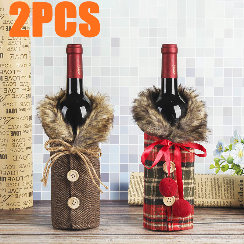 1/2PC Christmas Wine Bottle Cover Party Dining Table Wine Bottle Decoration Striped Checkered Wine Bottle Cover Home Table Decar: Dark Grey