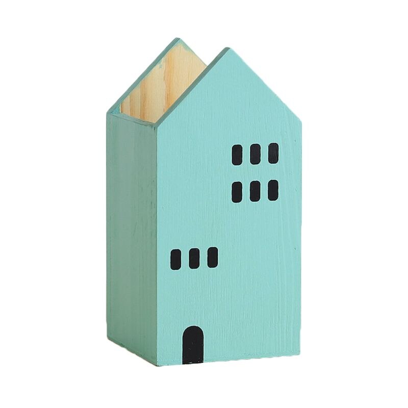 1 Pc maison forme en bois crayon porte-stylo organiseur de bureau conteneur brosse Pot papeterie école bureau fournitures: Green L