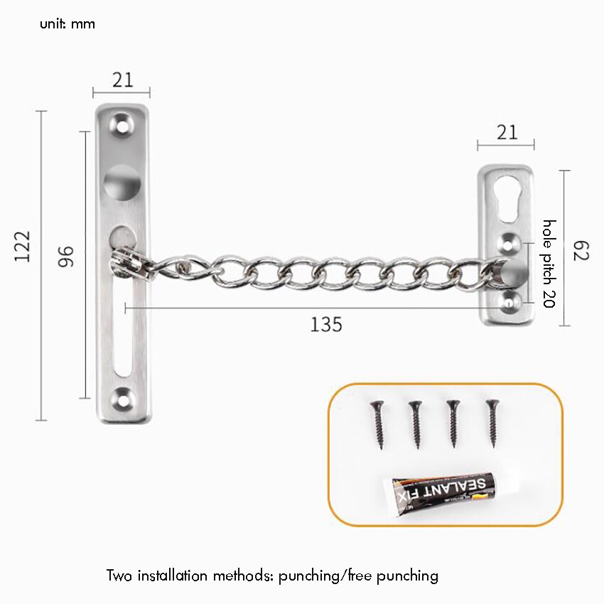 2 Way Install Thick Door Chain Lock with Spring Stainless Steel Door Security Chain Guard, Heavy Duty Latch Lock for Inside Door