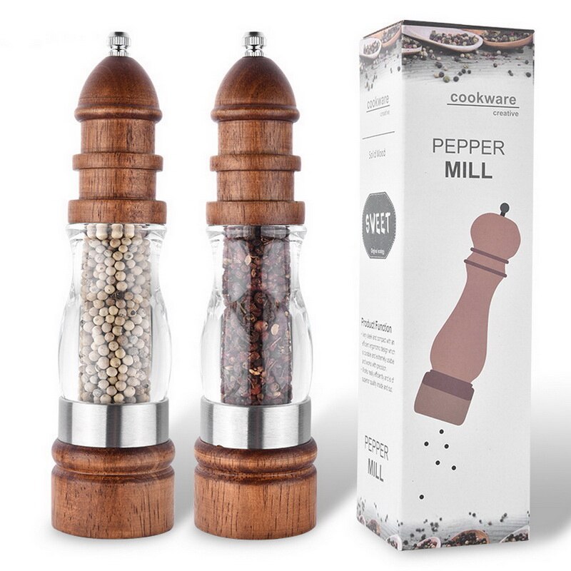 2 pièces/ensemble poivre sel broyeur en bois massif et acrylique bouteille main en céramique mécanisme de meulage épices Peper cuisine BBQ Mills