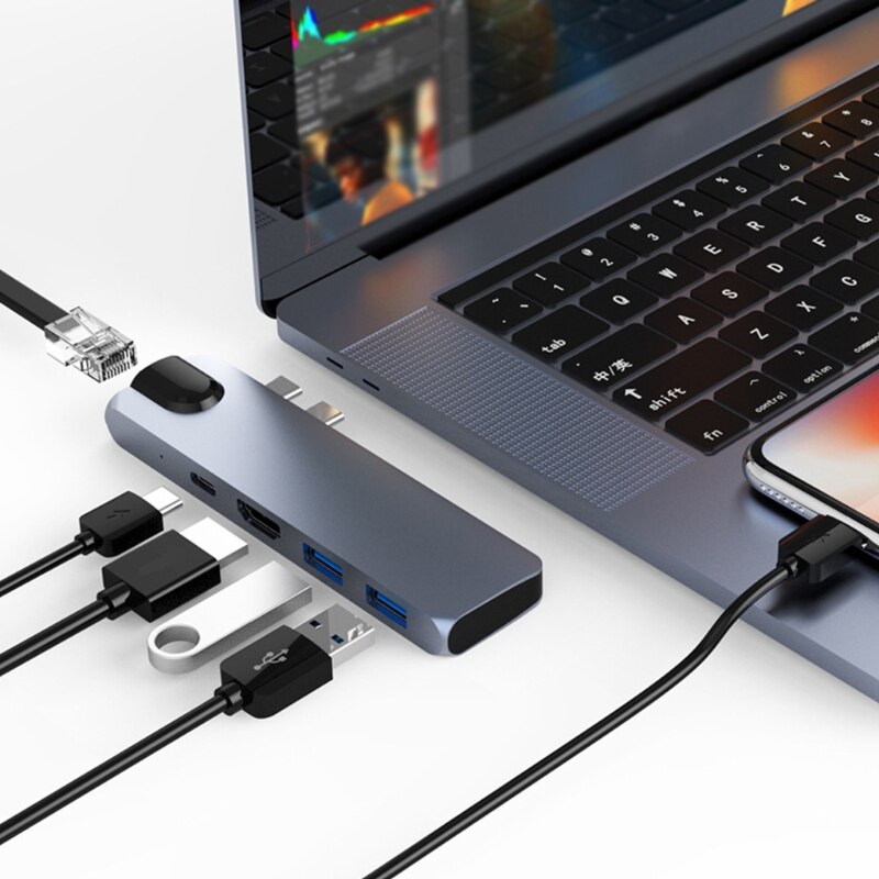 G32B USB 3,0 Hub Dual Typ C USB-C Dock 4K HDMI-Compat Gigabit Lan für macbookPro Luft