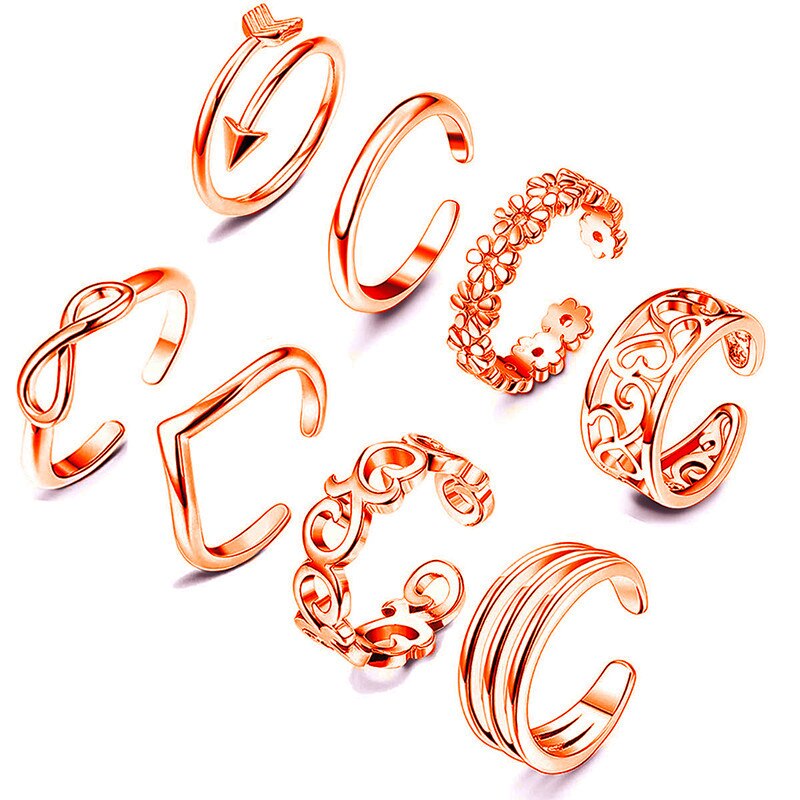 925 Sterling Silber Sommer Strand Knöchel Fuß Ring Offene spitze Ringe 8 teile/satz für Frauen Mädchen Finger Einstellbare Schmuck: Gold / Rose Gold