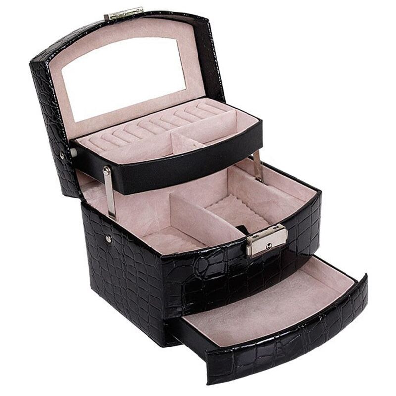Caja de almacenamiento automática de cuero para joyas, caja de almacenamiento de tres capas para mujeres, anillo para pendientes, organizador cosmético, ataúd para decoraciones: Black