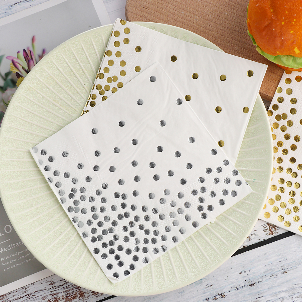 Lote de 20 unidades de servilletas de papel de aluminio dorado con topos, servilletas de papel para decoración de mesa para hogar, bodas, fiestas, restaurantes