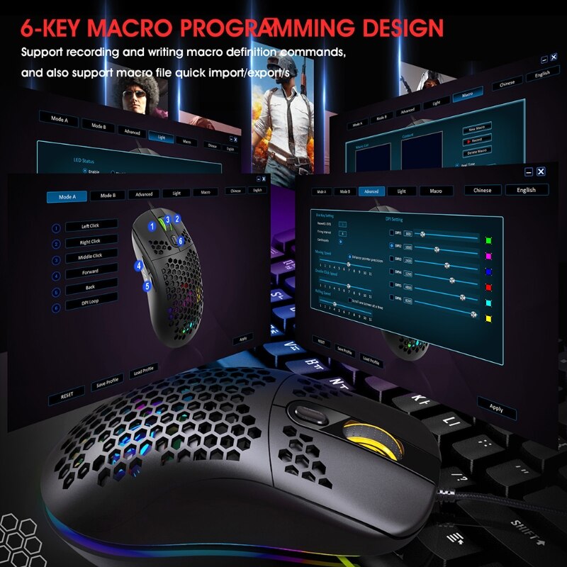 6 Gear DPI Adjustable Wired Programmable Hole Mouse RGB LED Breathing Light Gaming Mouse Computer Laptop Accessories
