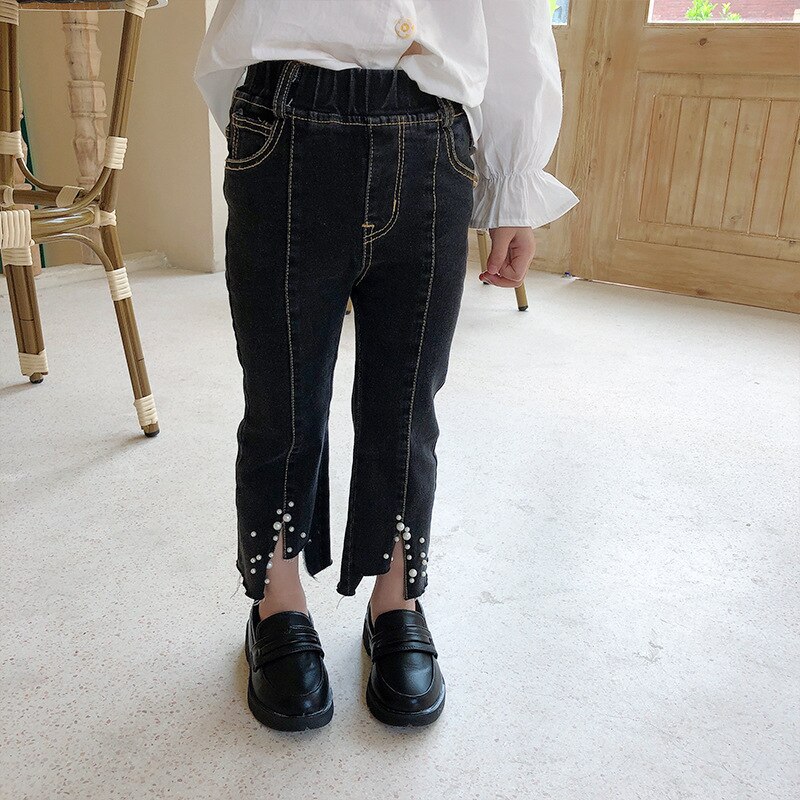 Herfst Meisjes Mode Kralen Boot Cut Jeans Alle-Match Split Jeans Casual Bell Bodem Denim Broek