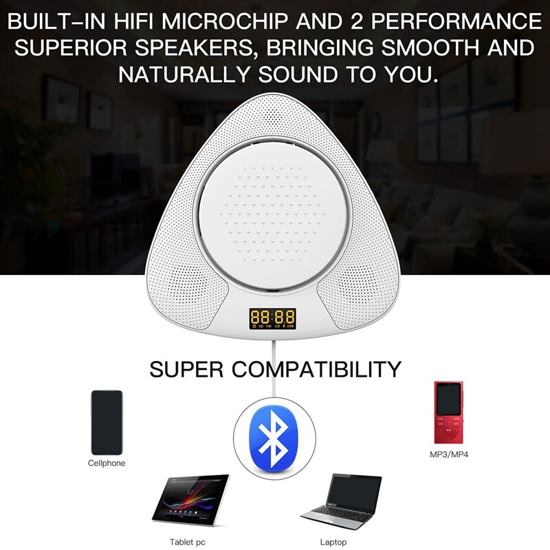 CD Player Wall-Mounted Bluetooth Portable Home Audio with Remote Control FM Radio Built-in HiFi Speakers USB MP3