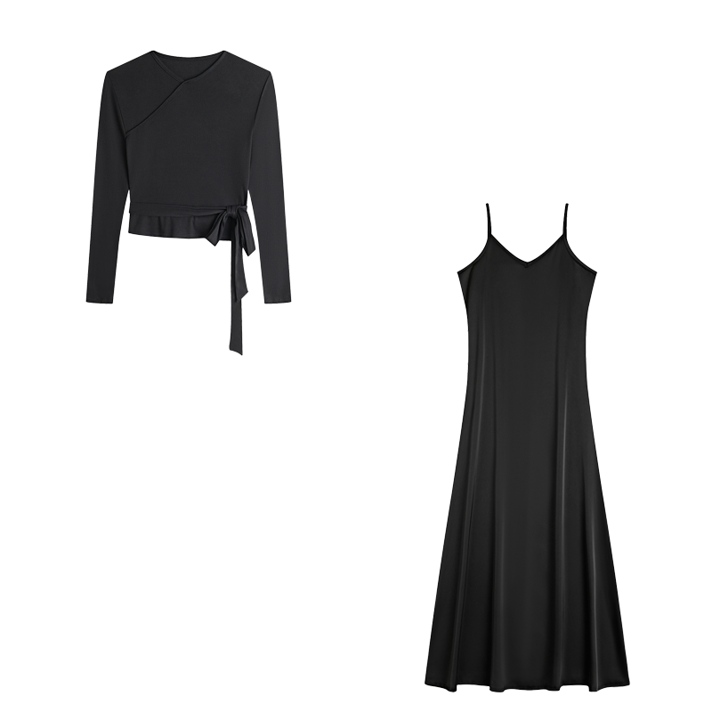 VEITCHE 2025 mujer vestido largo traje de algodón con cuello en V Top de punto con cinturón + falda larga de tirantes de Color sólido satinado: S / Negro