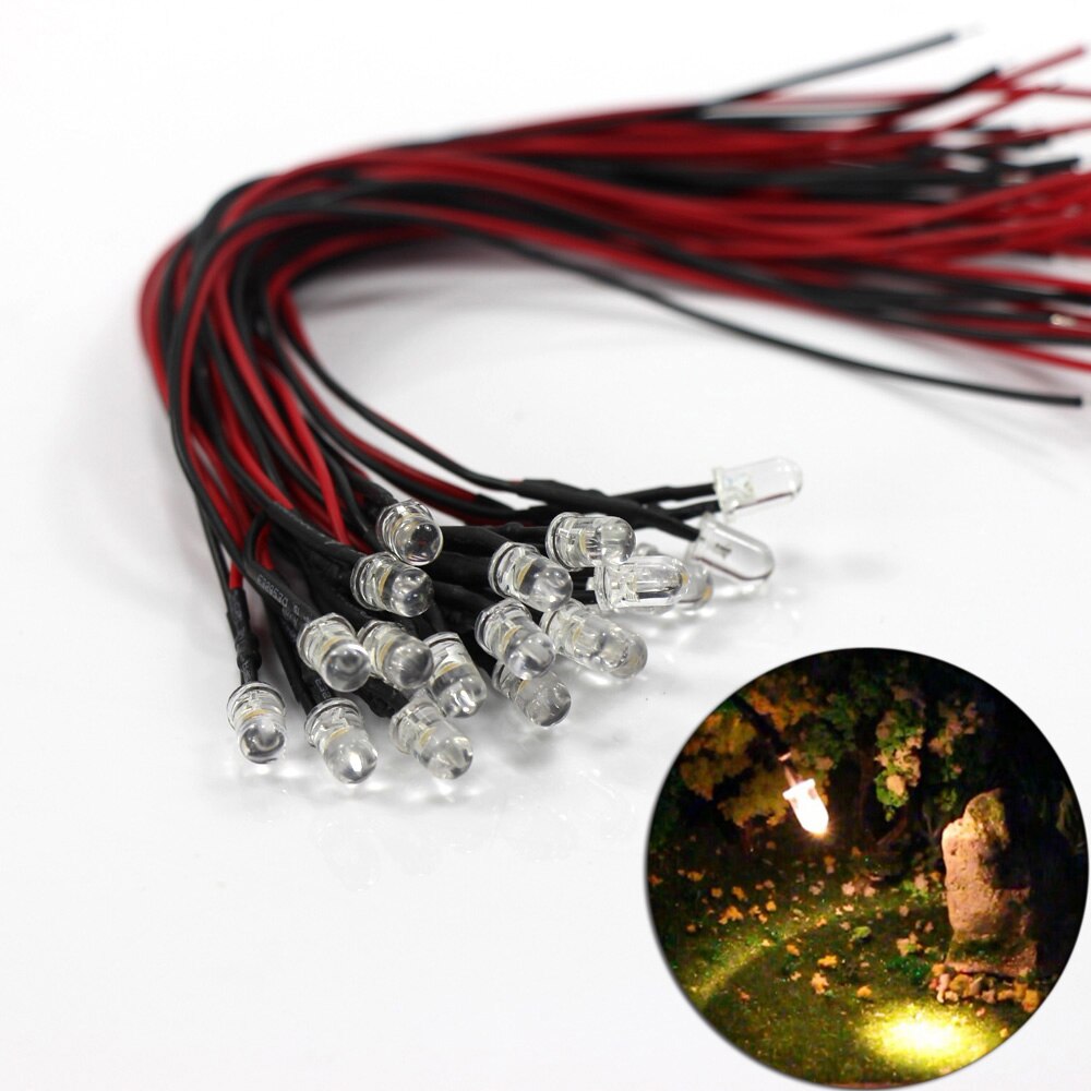 20pcs Pre Wired 5mm Led Lamp Light WARM White Set 20cm Long Wire 12V L125WM