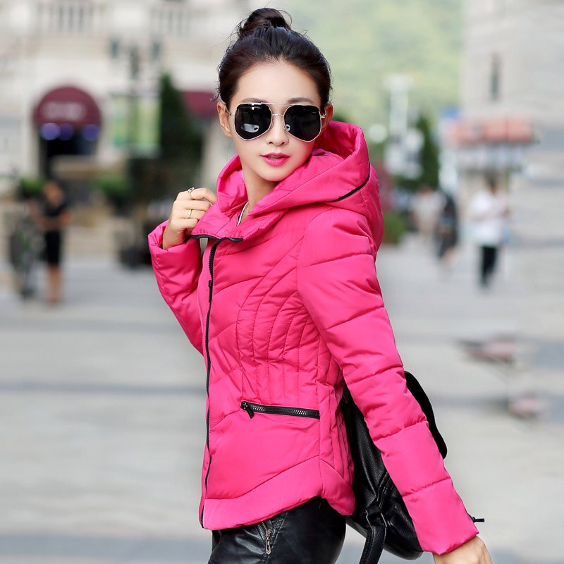 Short Winter Jacket Women Slim Female Coat Thicken Parka Cotton Hooded Fur Collar candy-colored Ladies Jacket: RHODO / M