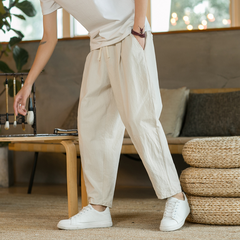 2023 letnie męskie spodnie bawełniane lniane modne spodnie na co dzień jednokolorowe oddychające luźne spodenki proste spodnie Streetwear M-5XL: L / zgniły zielony