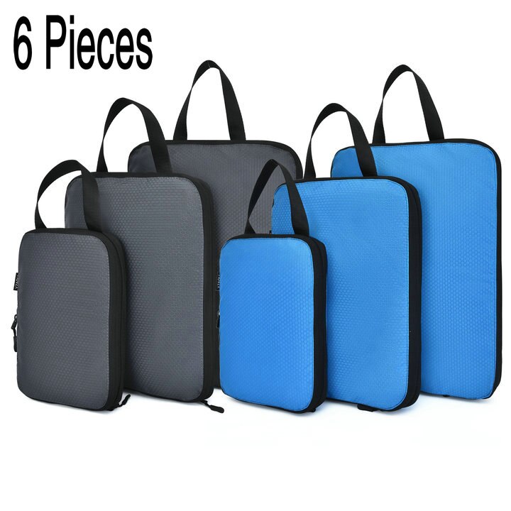 Travel Bag Compression Travel Storage Bag Clothes Tidy Organizer Suitcase Pouch 3/6 Pieces Case Shoes Packing Cube luggage bag: 6pcs Gray and Blue