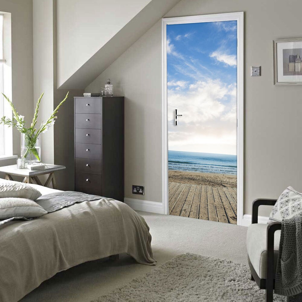 Sea Horizon Beach Scenery Wall Stickers Home Decoration DIY Door Sticker Kitchen Bathroom Art Mural Peel &amp; Stick Vinly Wallpaper