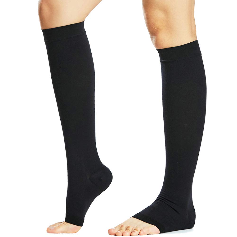 Open Toe Knee High Calf Compression Socks Women & Men Firm 20-30 mmHg Graduated Support for Varicose Veins Edema Flight Socks: black / S-M EUR 34-37