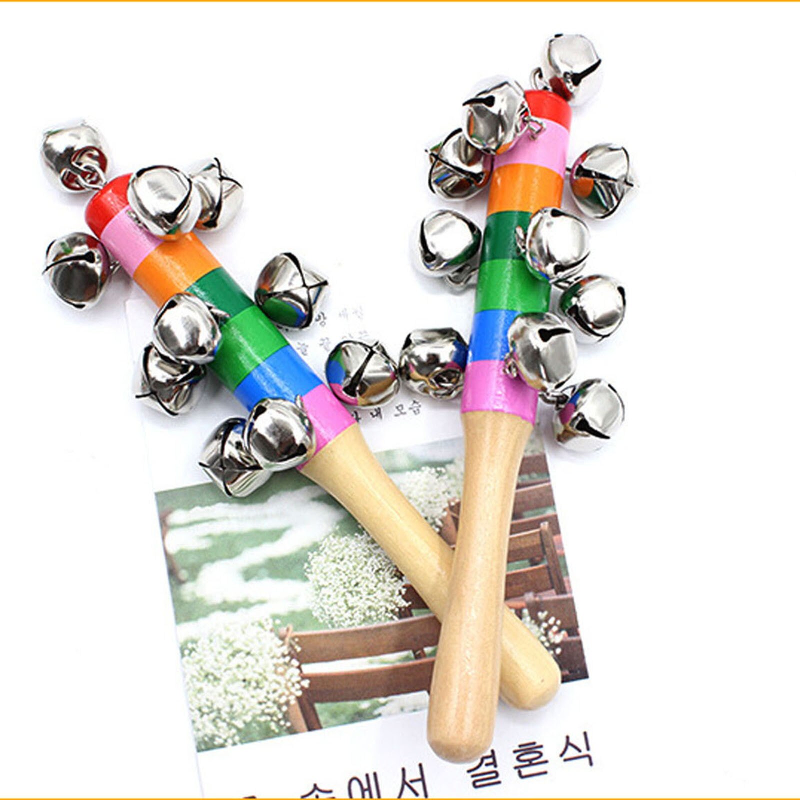 2/4/5Pcs Baby Wooden Rattle Rainbow Color Hand Bell Baby Rattles Jingle Bells Infant Shaker Rattle Early Educational Toy: 2pcs