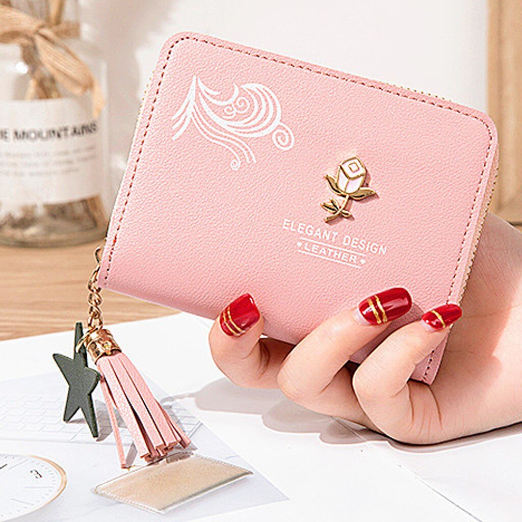 Women’ s Short Solid Color Flower Fringed Leather Wallet Female Simple Travel Outdoor credit card holder purse Mini Cluth Bag: Pink