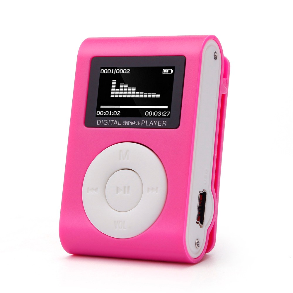 Binmer MP3 Player USB Clip Mini LCD Screen Support 32GB Micro SD TF Card: Hot Pink