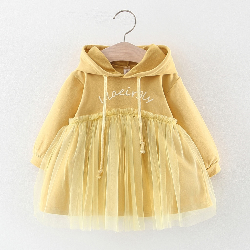 herfst en winter modelsToddler Baby Kids Meisjes Ruches Brief Tulle Patchwork Hooded Sweater Jurk Vallen vervoer