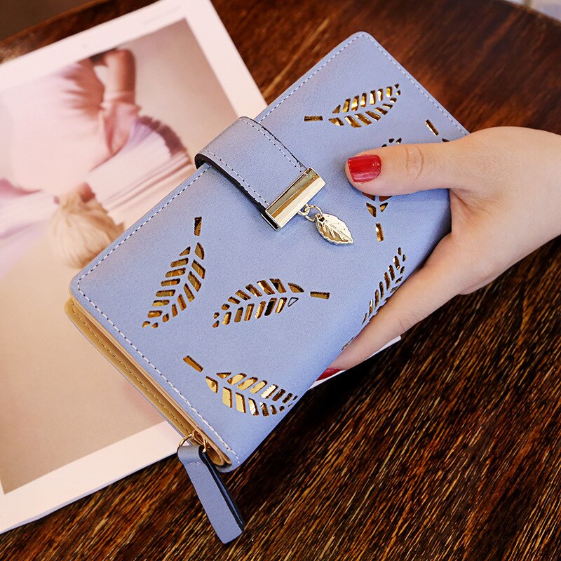 Geldbörse mit hohlen blättern, lange damen-geldbörse aus pu-leder, handtasche, münzfach, kartenetui, schlüsseletui, Kupplung: Blau