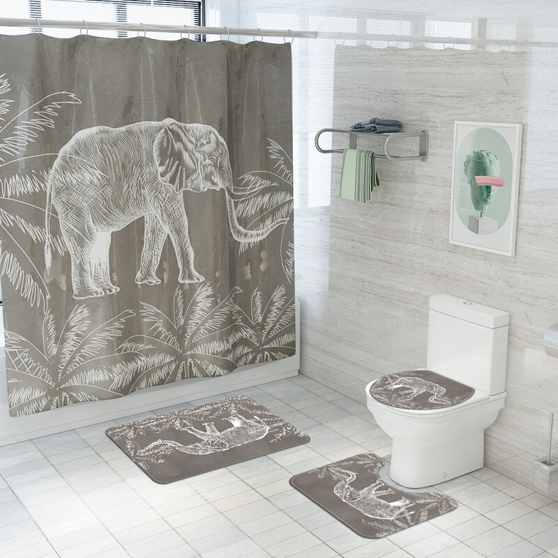 Afdrukken Olifant Badmat En Douchegordijn Set Flanel Badkamer Mat Absorberende Badkamer Tapijt Wc Badmat Voet Mat: 4pcs-721