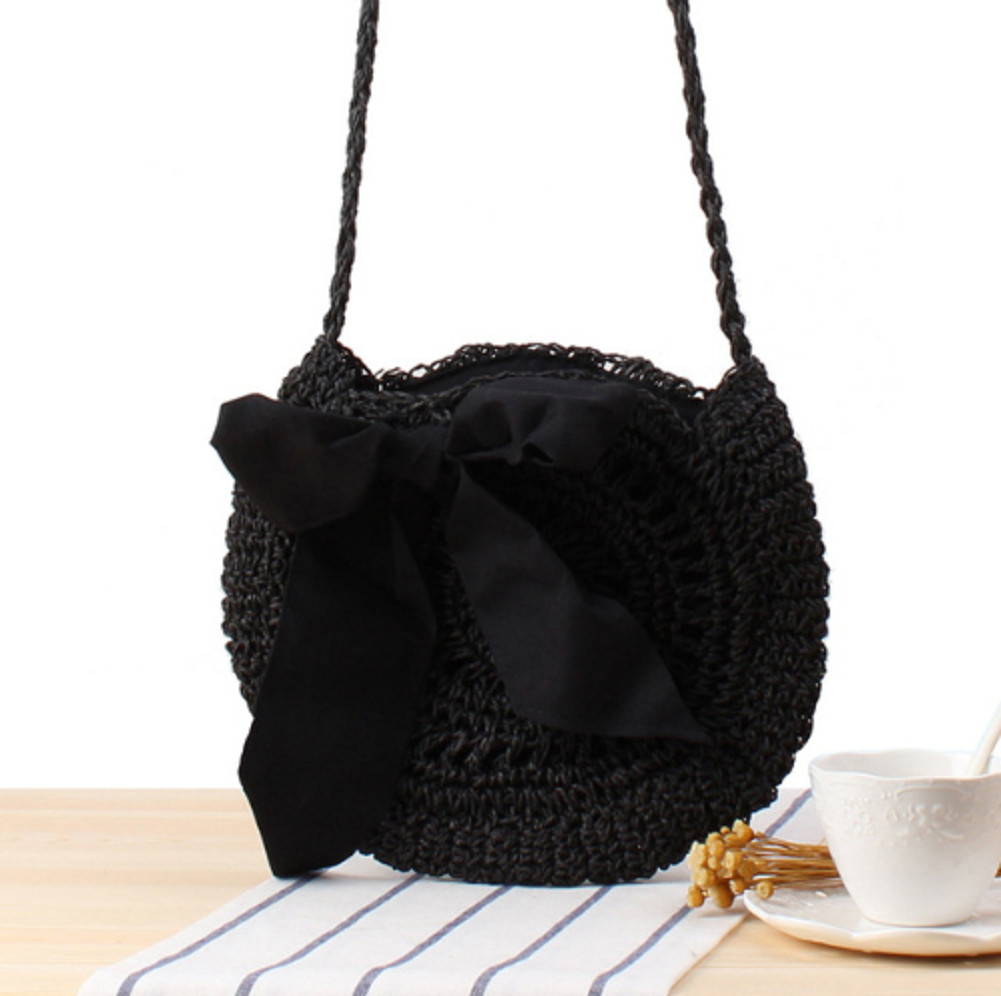 Women Bag Handmader Rattan Straw Bag For Woven Round Handbag Lovely Crossbody Summer Travel Beach Bag: Black