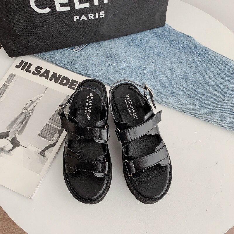 Boussac Gesp Slingback Platform Sandalen Vrouwen Open Teen Een Strap Zomer Sandalen Vrouwen Zwarte Punk Goth Schoenen Vrouwen C998