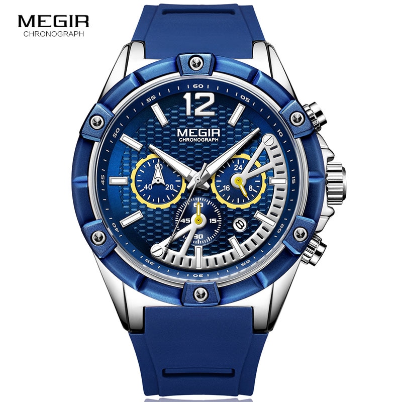 Megir Army Sport Waterdichte Quartz Horloges Voor Mannen Blauw Siliconen Stopwatch Relojios Masculinos Klok Lichtgevende 2083GBE-2