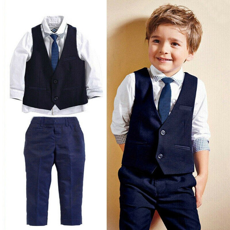 1-7Y camisa de manga larga + chaleco + corbata + Pantalones 4 Uds conjunto Formal para niños pequeños trajes de bebé varones